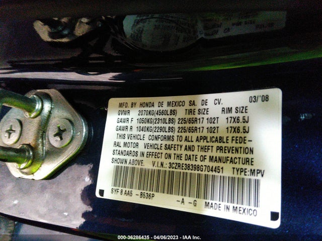 2008 HONDA CR-V LX VIN: 3CZRE38398G704451
