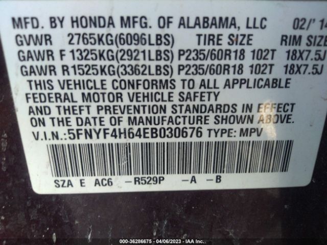 5FNYF4H64EB030676 Honda Pilot Ex-l
