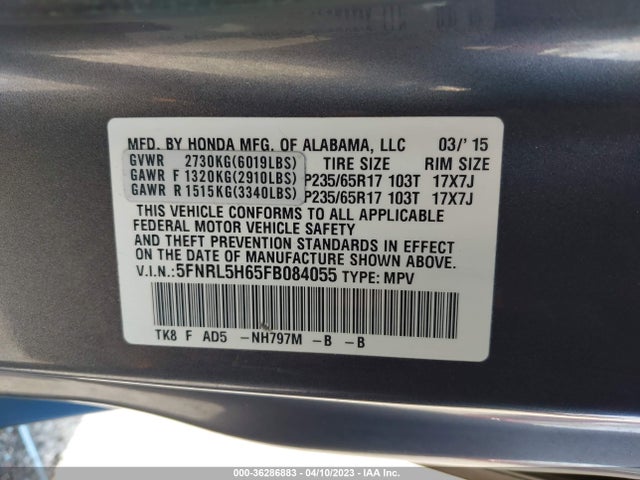 Honda Odyssey Ex-l 2015 5FNRL5H65FB084055 Image 9