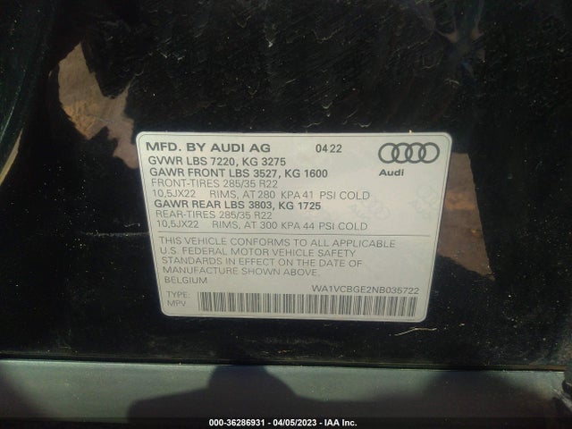 2022 Audi e-tron, VIN: WA1VCBGE2NB035722