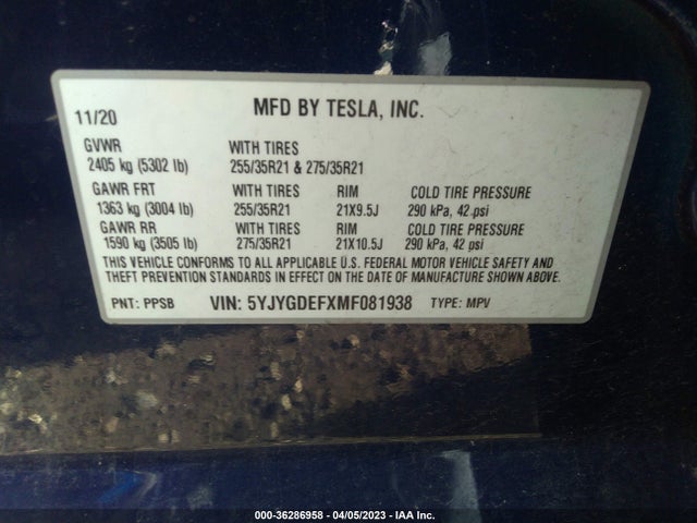 2021 Tesla Model Y, VIN: 5YJYGDEFXMF081938