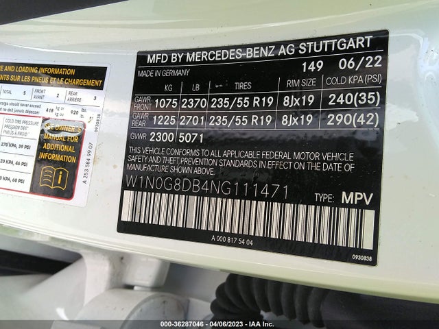 2022 MERCEDES-BENZ GLC GLC 300 VIN: W1N0G8DB4NG111471