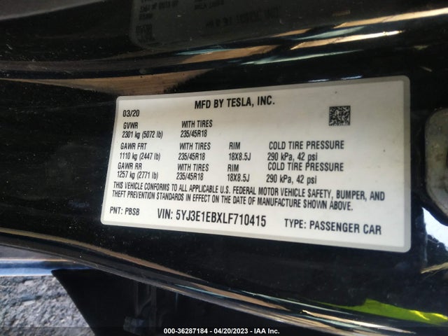 2020 Tesla 3, VIN: 5YJ3E1EBXLF710415