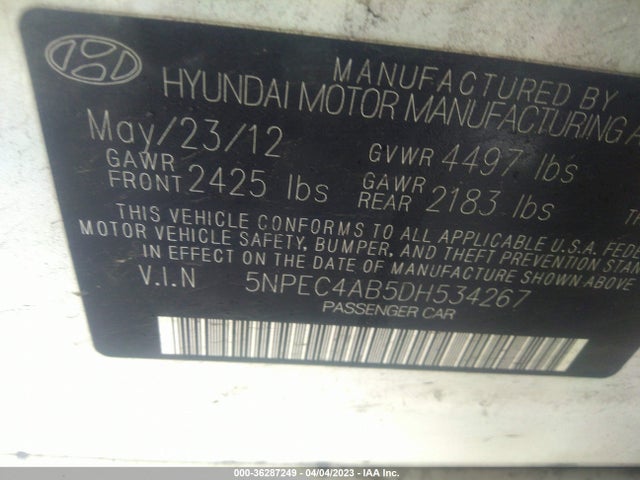 2013 HYUNDAI SONATA LIMITED VIN: 5NPEC4AB5DH534267