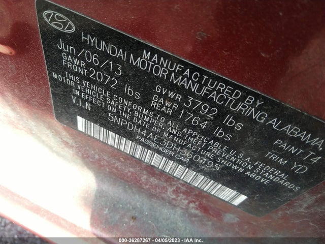 2013 HYUNDAI ELANTRA GLS VIN: 5NPDH4AE3DH360495