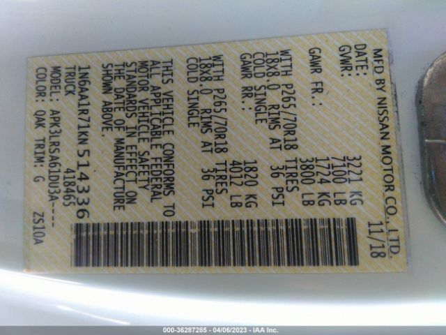 1N6AA1R71KN514336 Nissan TITAN S
