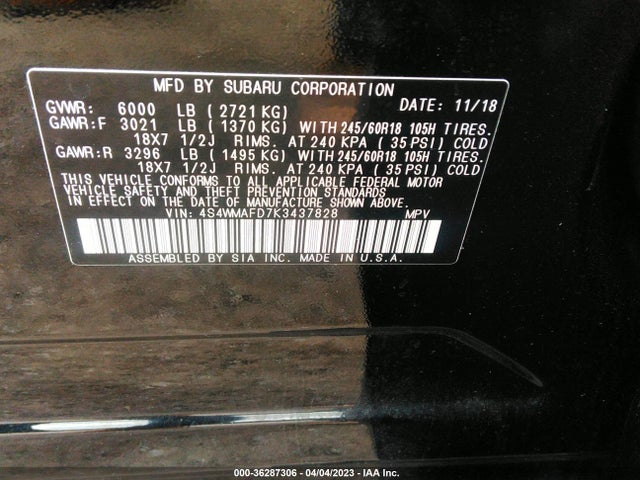 2019 SUBARU ASCENT PREMIUM VIN: 4S4WMAFD7K3437828