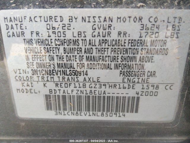 3N1CN8EV1NL850914 Nissan VERSA SV