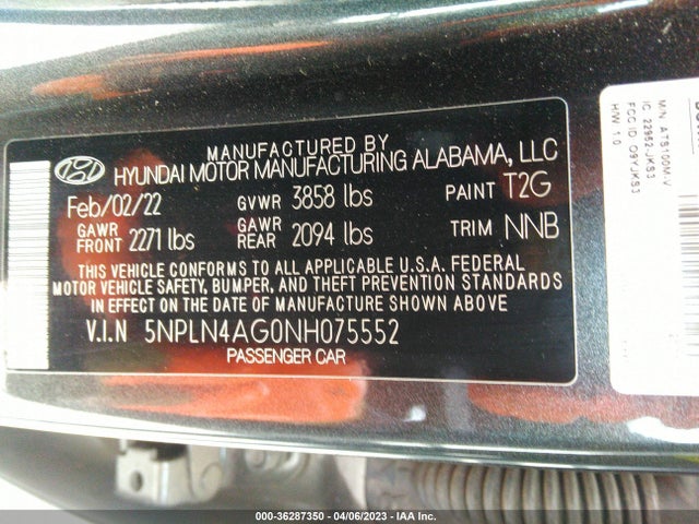 2022 HYUNDAI ELANTRA SEL VIN: 5NPLN4AG0NH075552