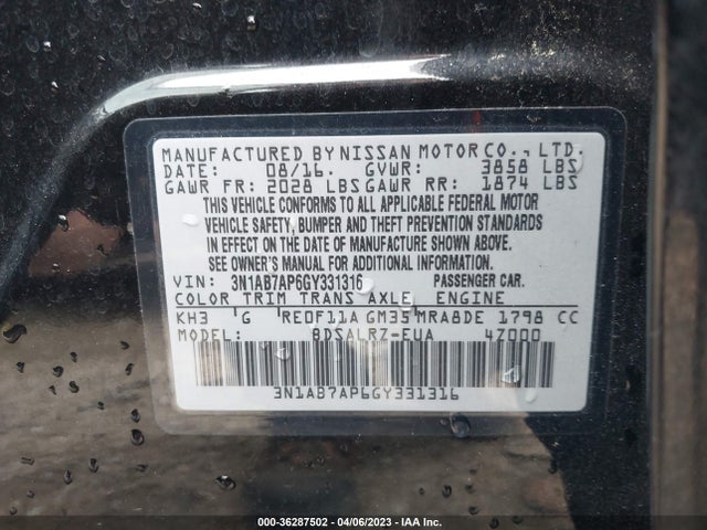 2016 NISSAN SENTRA VIN: 3N1AB7AP6GY331316