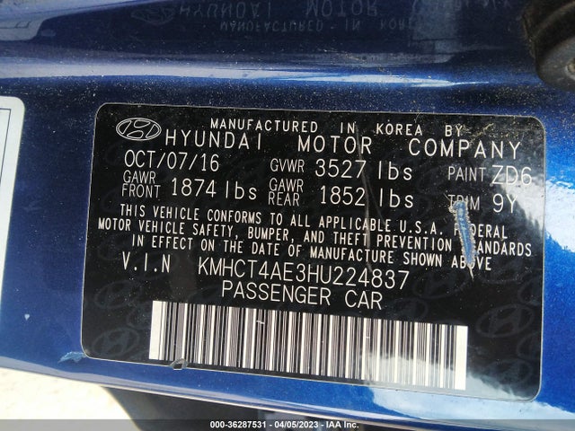 2017 Hyundai Accent Se მანქანა იყიდება აუქციონზე, vin: KMHCT4AE3HU224837, აუქციონის ნომერი: 36287531