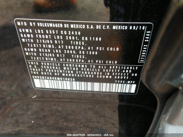 3VV2B7AX4KM010829 Volkswagen Tiguan Se/sel/sel R-line