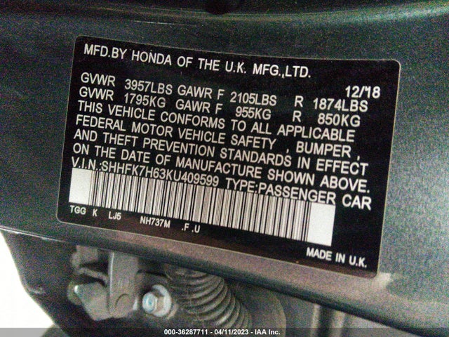 Honda Civic Hatchback Ex 2019 SHHFK7H63KU409599 Image 9