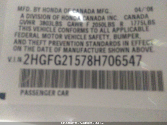 2008 HONDA CIVIC CPE SI VIN: 2HGFG21578H706547