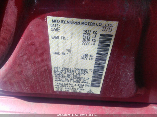 2016 NISSAN ALTIMA 2.5 SV VIN: 1N4AL3AP2GC139456