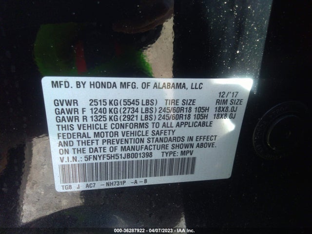 Honda Pilot Ex-l 2018 5FNYF5H51JB001398 Image 9