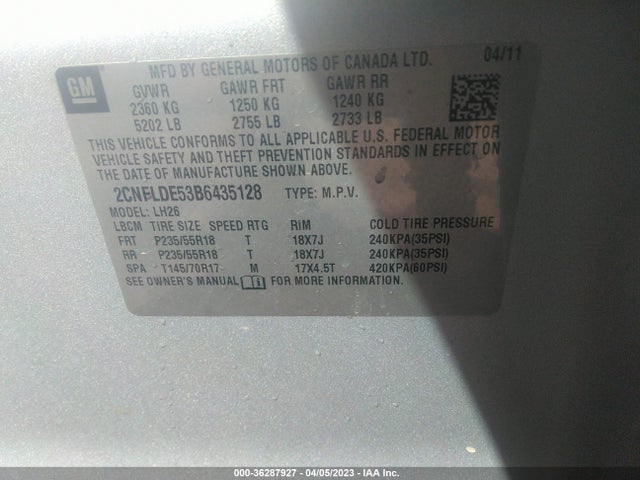 2011 CHEVROLET EQUINOX LT W/1LT VIN: 2CNFLDE53B6435128