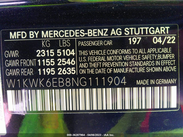W1KWK6EB8NG111904 Mercedes-Benz C-class Amg C 43