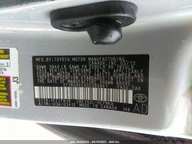 2013 TOYOTA COROLLA L/LE/S VIN: 2T1BU4EE4DC080861