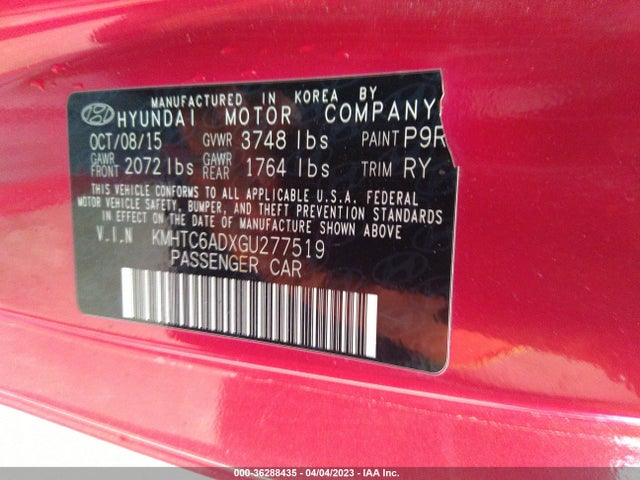 2016 HYUNDAI VELOSTER VIN: KMHTC6ADXGU277519