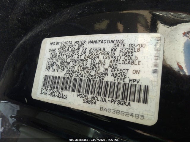 2000 TOYOTA SIENNA LE/XLE VIN: 4T3ZF13C4YU259762