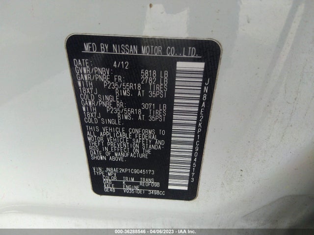 2012 NISSAN QUEST SL VIN: JN8AE2KP1C9045173