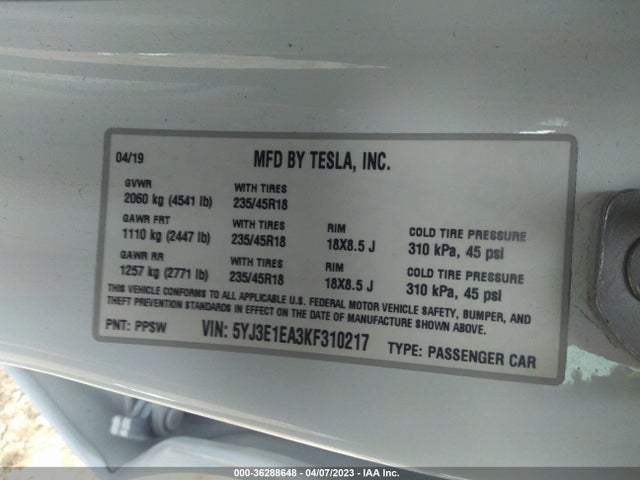 Tesla Model 3 Range 2019 5YJ3E1EA3KF310217 Image 9
