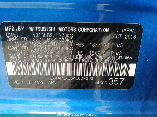 JA4AP3AU3KU009333 Mitsubishi Outlander Sport 2.0