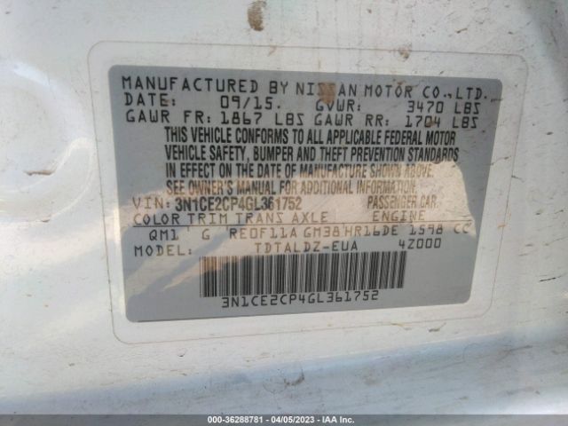 3N1CE2CP4GL361752 Nissan Versa Note S/s Plus/sv/sr/sl