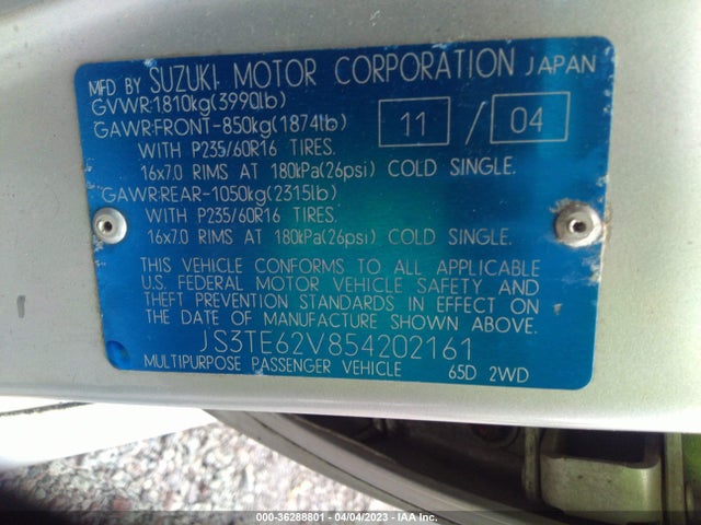 2005 SUZUKI GRAND VITARA LX/EX VIN: JS3TE62V854202161