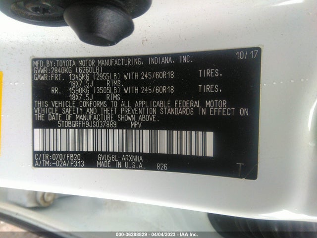 2018 TOYOTA HIGHLANDER HYBRID LE VIN: 5TDBGRFH9JS037889