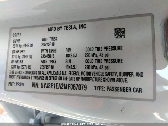 Tesla Model 3 Standard Range Plus 2021 5YJ3E1EA2MF067079 Image 10