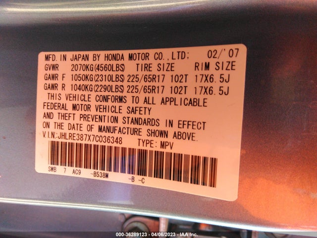 2007 HONDA CR-V EX-L VIN: JHLRE387X7C036348