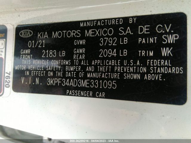 3KPF34AD3ME331095 KIA Forte Gt-line