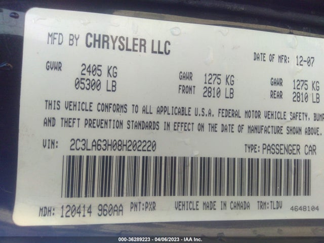 2008 CHRYSLER 300 C HEMI VIN: 2C3LA63H08H202220