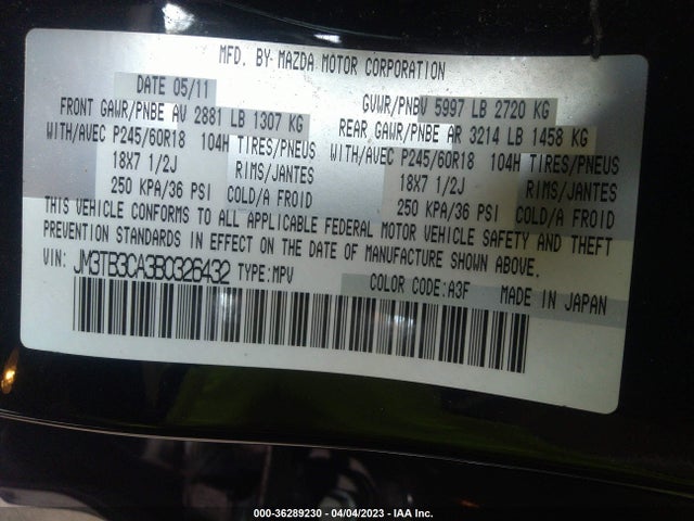 2011 MAZDA CX-9 TOURING VIN: JM3TB3CA3B0326432