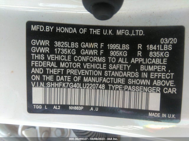 2020 HONDA CIVIC HATCHBACK SPORT VIN: SHHFK7G40LU220748