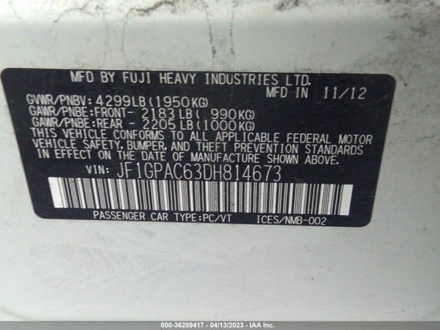 2013 SUBARU IMPREZA WAGON 2.0I PREMIUM VIN: JF1GPAC63DH814673