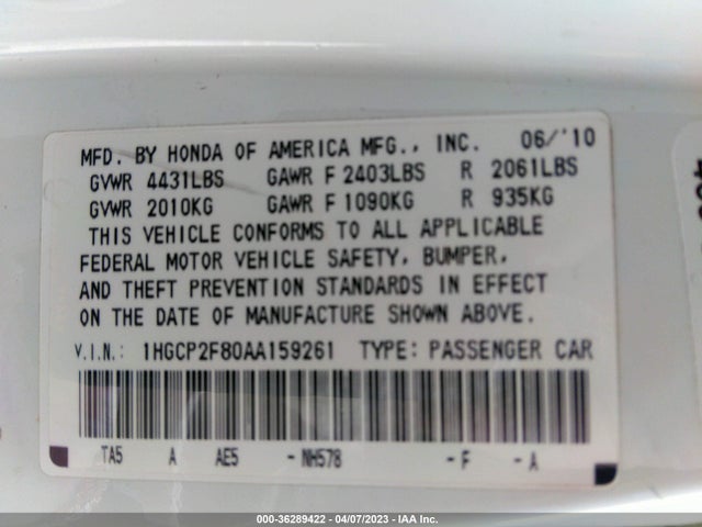 2010 HONDA ACCORD SDN EX-L VIN: 1HGCP2F80AA159261