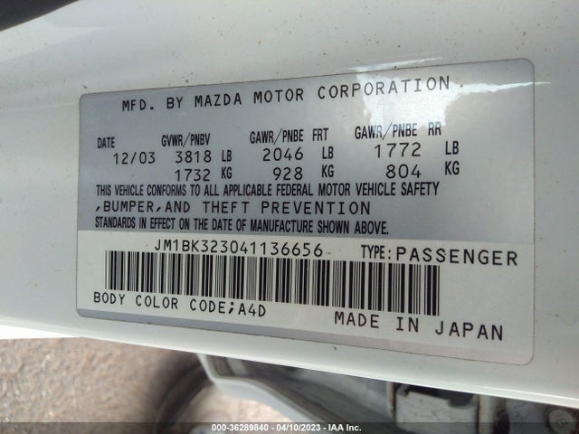 2004 MAZDA MAZDA3 S VIN: JM1BK323041136656
