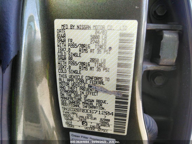 2003 NISSAN XTERRA XE VIN: 5N1ED28T03C671204
