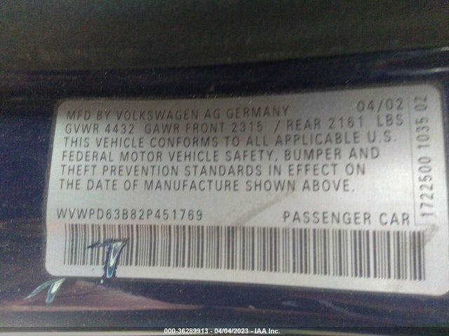 2002 VOLKSWAGEN PASSAT GLS VIN: WVWPD63B82P451769