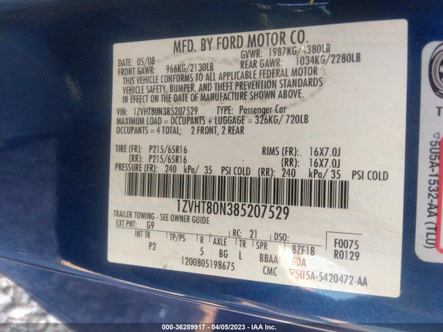 2008 FORD MUSTANG DELUXE/PREMIUM VIN: 1ZVHT80N385207529