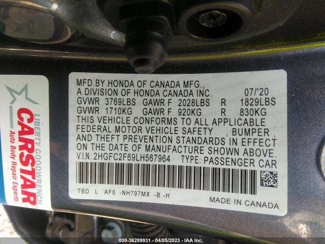 2020 HONDA CIVIC SEDAN LX VIN: 2HGFC2F69LH567964