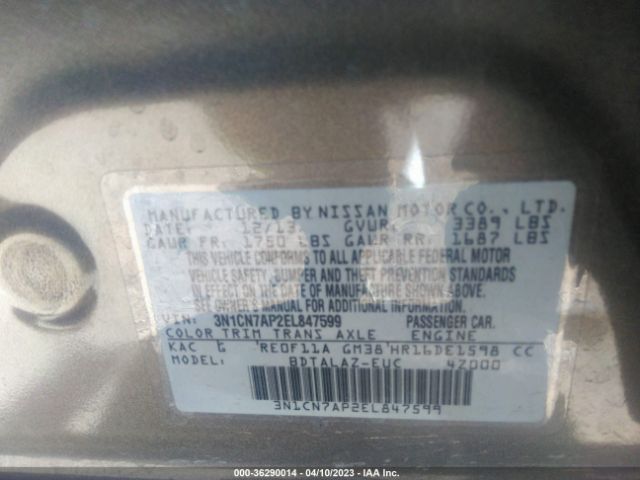 3N1CN7AP2EL847599 Nissan Versa S Plus