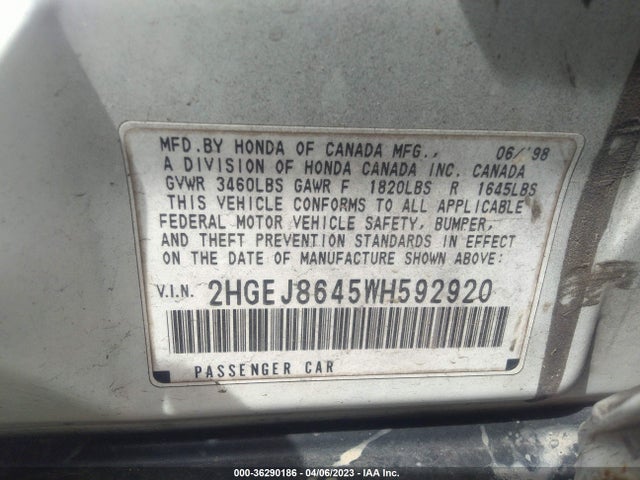 1998 HONDA CIVIC EX VIN: 2HGEJ8645WH592920