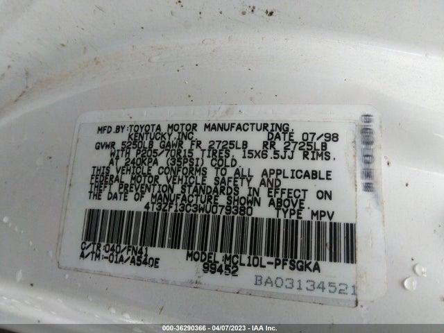 1998 TOYOTA SIENNA LE/XLE VIN: 4T3ZF13C3WU079380