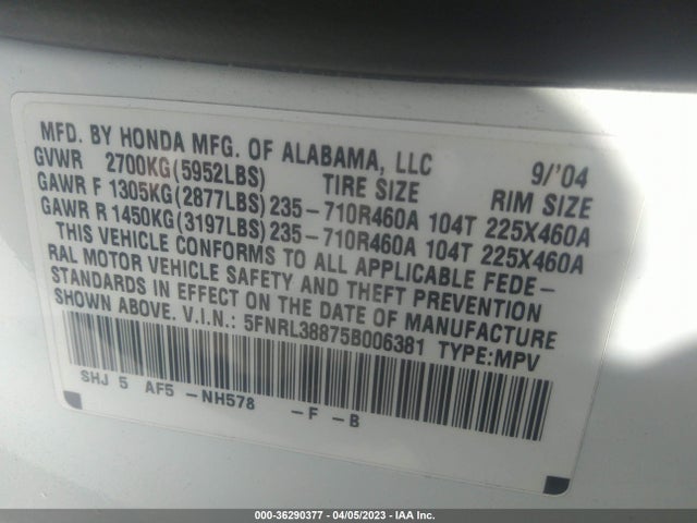 2005 HONDA ODYSSEY TOURING VIN: 5FNRL38875B006381