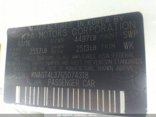 KNAGT4L37G5074318 KIA Optima Lx
