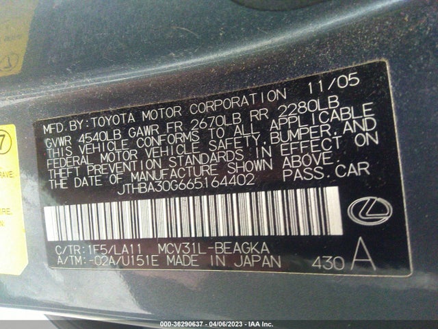 Продаж на аукціоні авто 2006 Lexus Es 330, vin: JTHBA30G665164402, номер лоту: 36290637